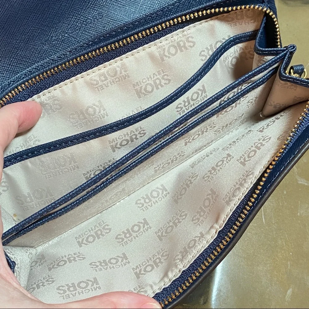 NEW Michael Kors Saffiano Leather Continental Wallet! Blue Pebbled flap Gold HW